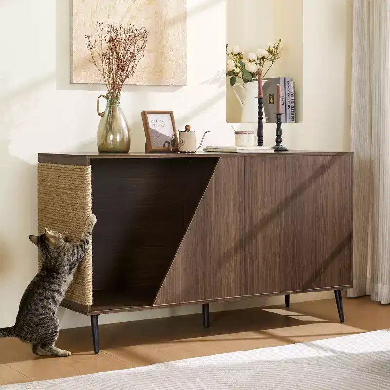 53-inch Cat Furniture 2-in-1 Walnut Sideboard with Litter Box Enclosure & Scratching Post