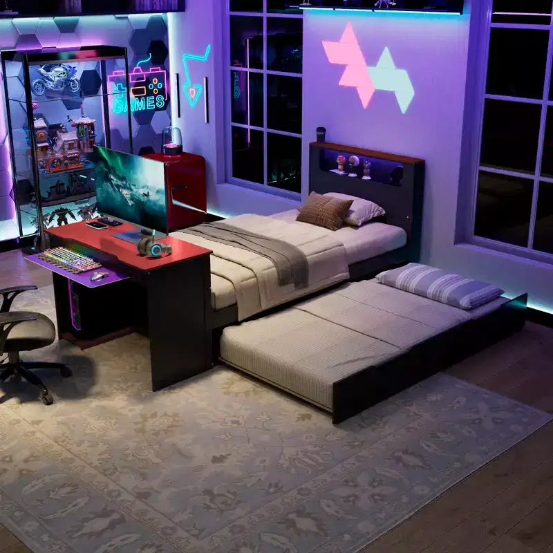 Twin/Full Size Daybed with Trundle & Gaming Desk, Wood Bed Frame with RGB LED light, USB Ports & Keyboard Tray - ModernLuxe