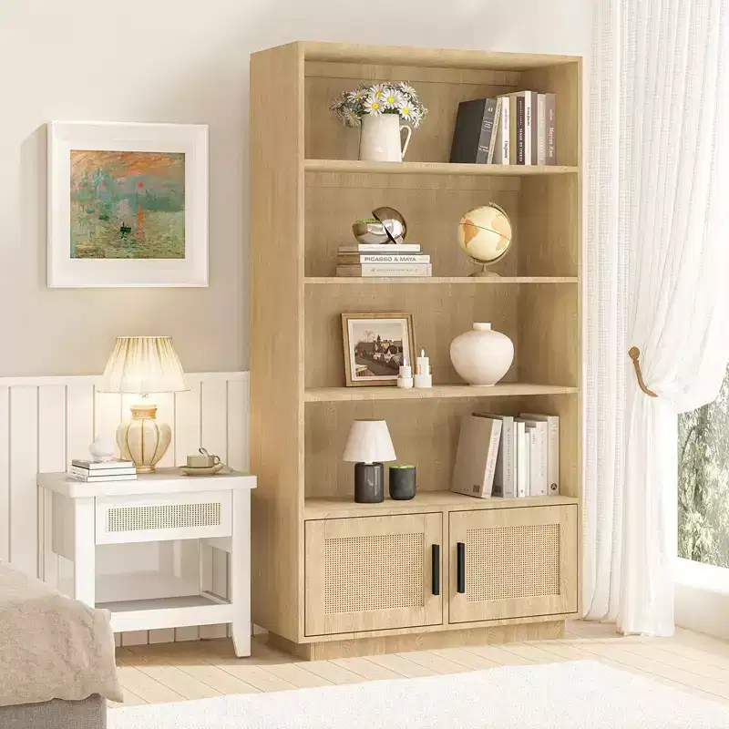 CuisinSmart 5 Tier Rattan Bookshelf with Storage Cabinet & Door, Tall Industrial Book Shelf with Open Shelves for Living Room Bedroom