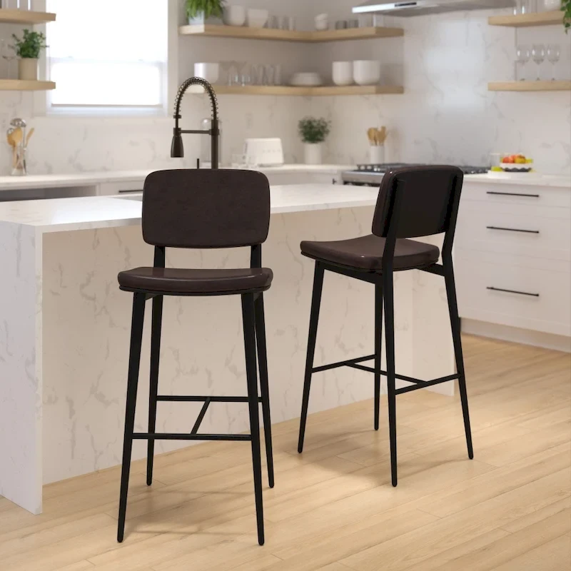 Set of 2 LeatherSoft Barstools with Iron Frame-Integrated Footrest