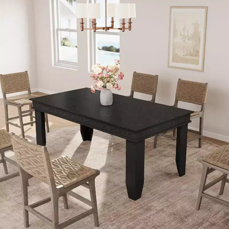 Farmhouse Dining Table for 4-6, 63 Inch Rectangular Kitchen Table Wooden Frame Brown Finish for Dining Room