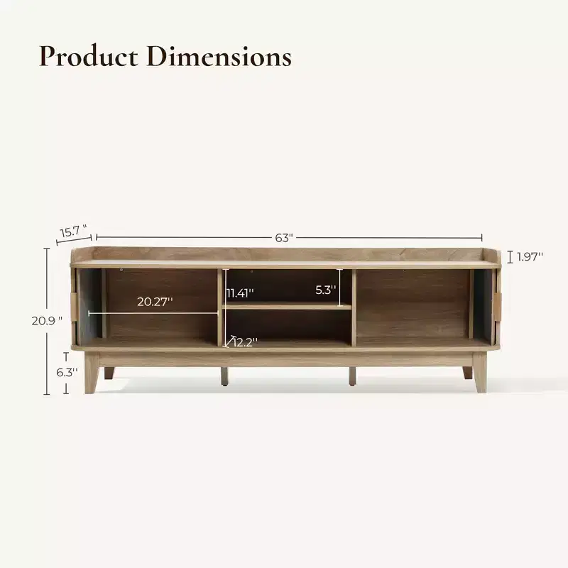 LuxenHome 63 Mid Century TV Stand with Storage, for TVs up to 65, Brown Media Console with Sliding Doors, Oak Brown