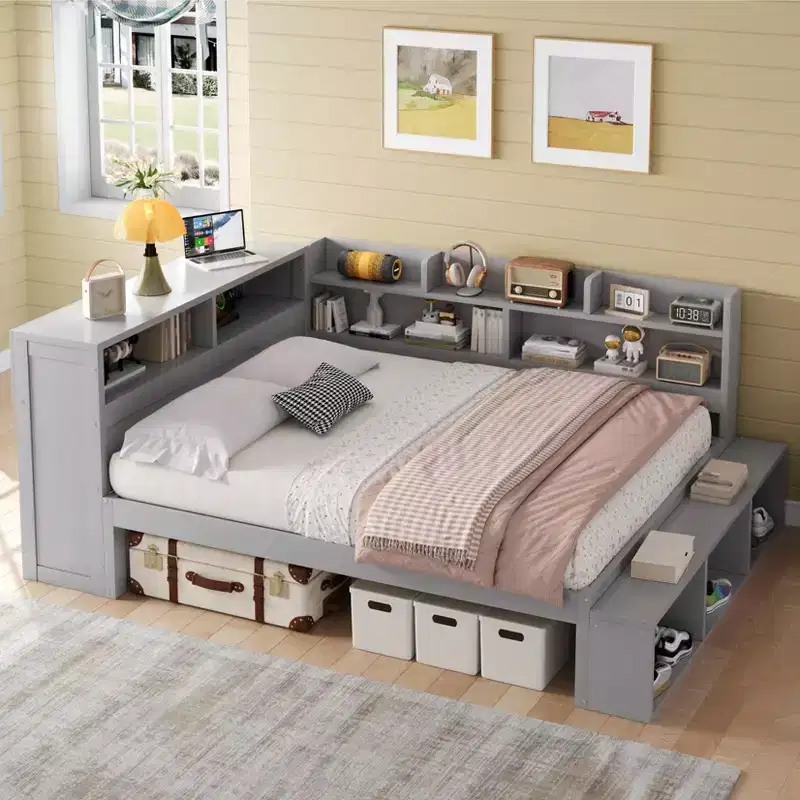 Full Daybed Frame, Solid Wood Daybed with Storage Cabinets and Shoe Cabinet