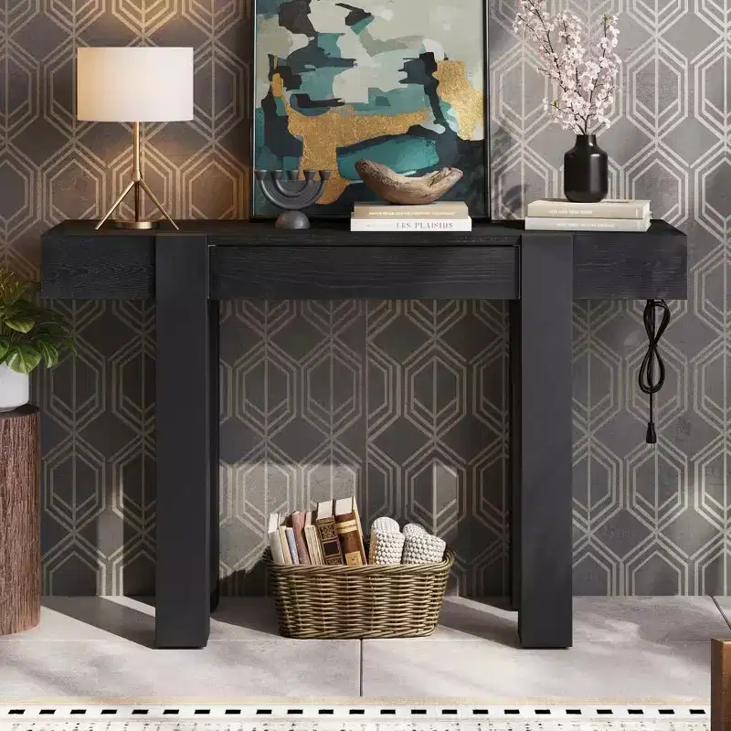 Solid Wood Console Table with Hidden Storage and Built-in Charging Hub