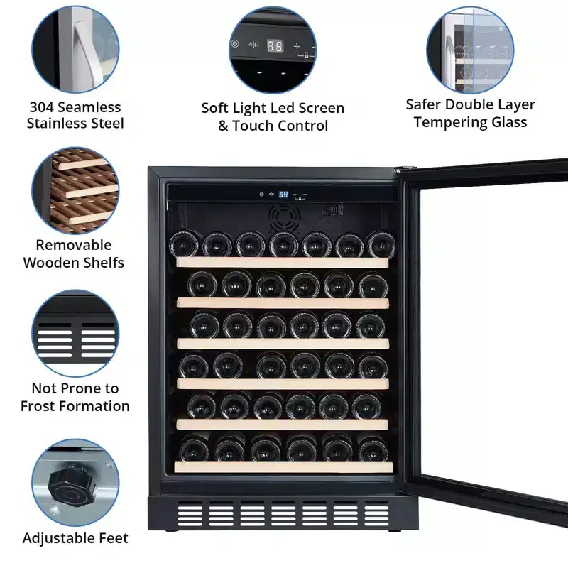 46-Bottle Built-In/Freestanding Wine Cooler  Single Zone Wide Temp Range (4164F), Touch Control & Metal Design | Perfect for Home