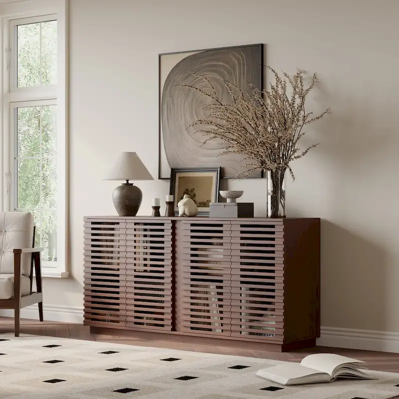 Hollow Cabinet Door Large Storage Cabinet For Living Room,Dining Room,Bedroom,Hall,Rosewood Oak,59.92W X 15.75D X 29.53H