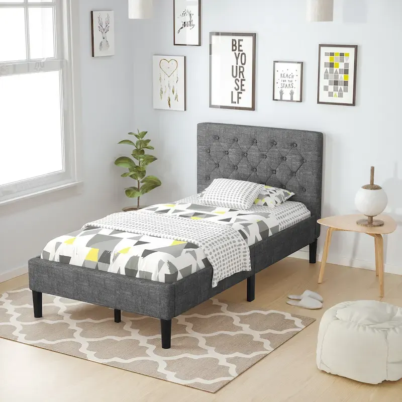 Twin Upholstered Bed Frame Diamond Stitched Headboard Wood