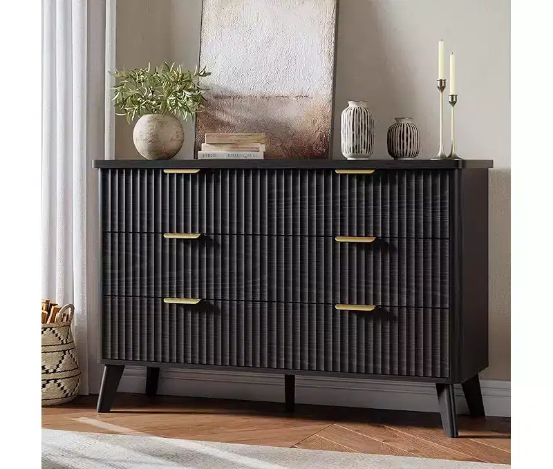 6 Drawers Dresser for Bedroom, Wide Dressers with Curved Profile Design, Fluted Wood Drawers with Gold Handle, Chest of Dressers Thickened Design