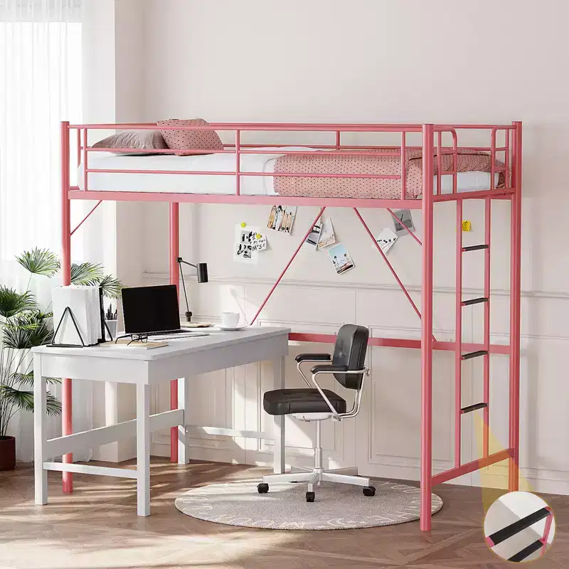 VINGLI Twin Loft Bed with Flat Rungs for Adults, Kids and Young Teens, No Box Spring Required,Heavy Duty Metal Slat Support, Pink