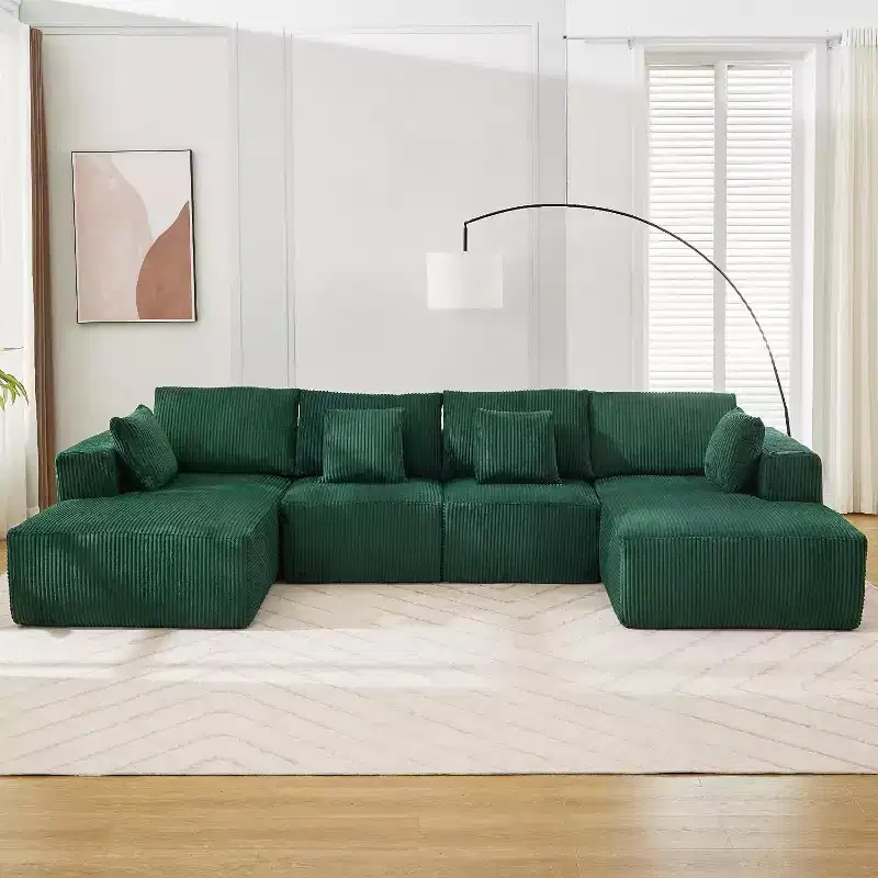 Ultra Soft Corduroy Sectional Sofa, 137 U-Shape | No-Assembly Modular Design w/ 2 Chaise Lounges | Convertible Sleeper