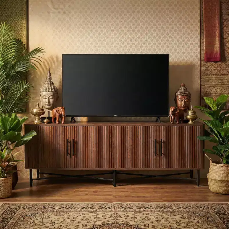 Medieval Modern Multimedia TV Stand with Four Doors Features two adjustable storage shelves Suitable for TVs up to 65 inchesChestnut