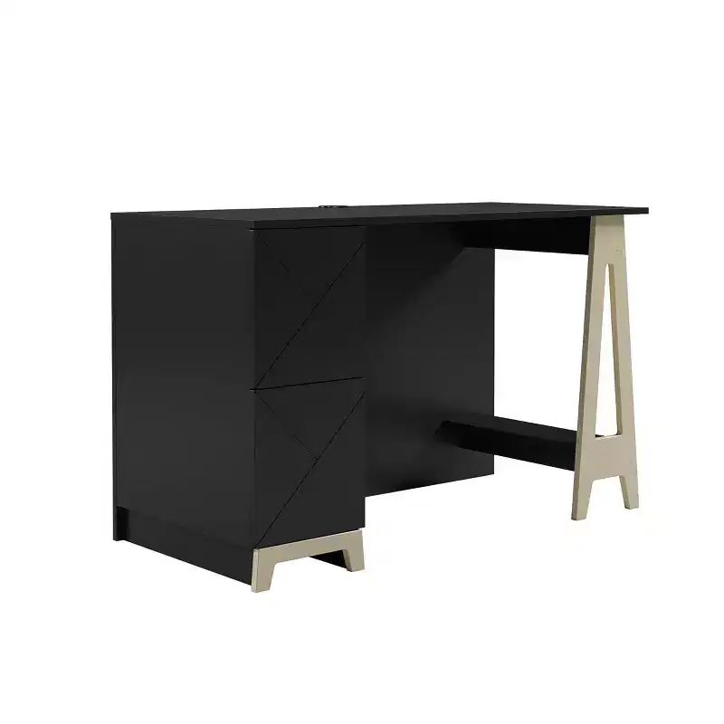 2 Drawer Desk Black/Birch Plywood: Lacquered MDF, Open Storage Shelf, Adult Assembly Required