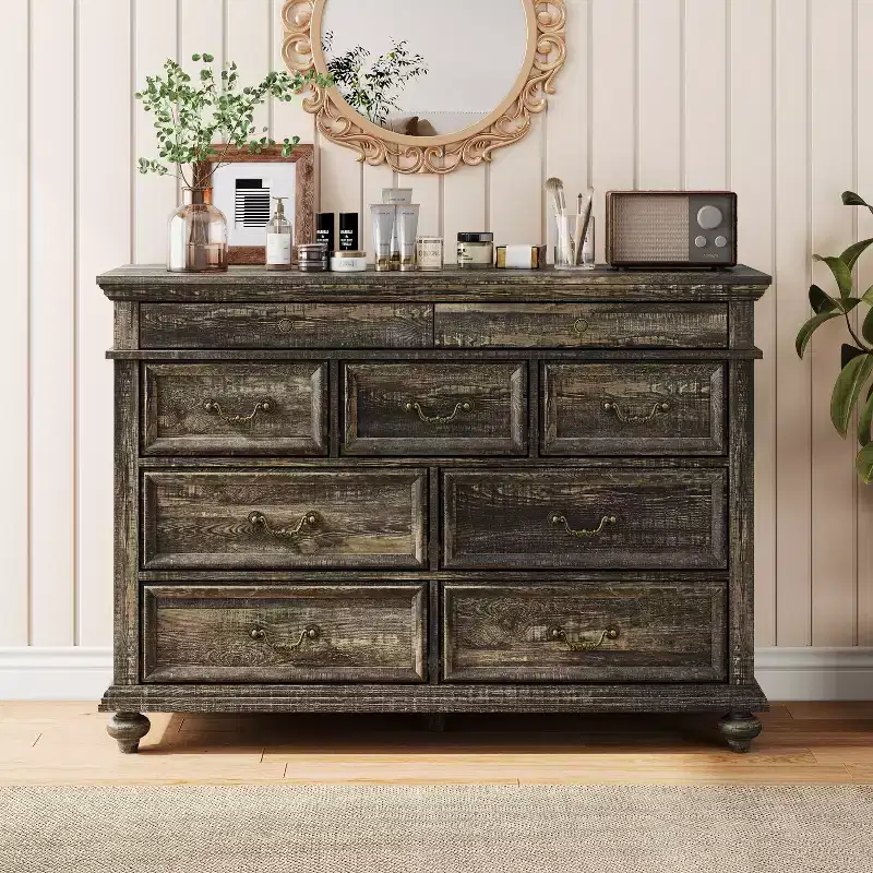 9-Drawer Dresser with Vintage Metal Handles – MDF Wood, 47.3 inches Wide