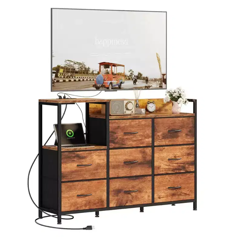 Wooden Top TV Media Console – 8 Fabric Drawers & 1 Shelf, Fits up to 50