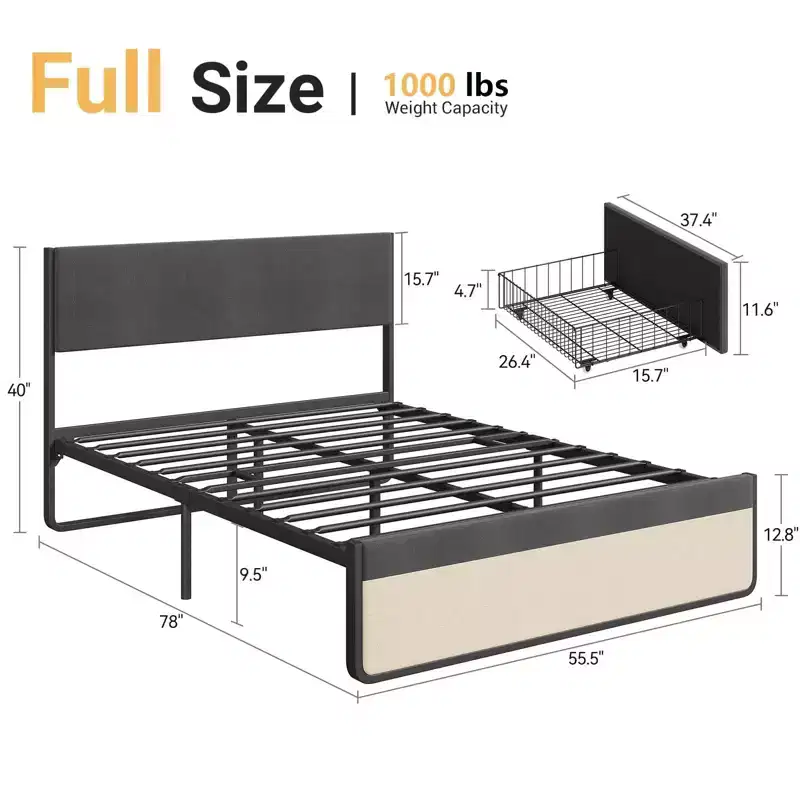 Full Bed Frame with Storage Drawers, Upholstered Platform Bed Frame with Metal Slats Support, Under Bed Storage, No Box Spring Needed, Noise Free