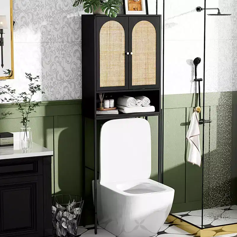 Over The Toilet Storage Cabinet, Sage Green Bathroom Organizer Over Toilet with Arched Rattan Doors, Freestanding Space Saver Rack