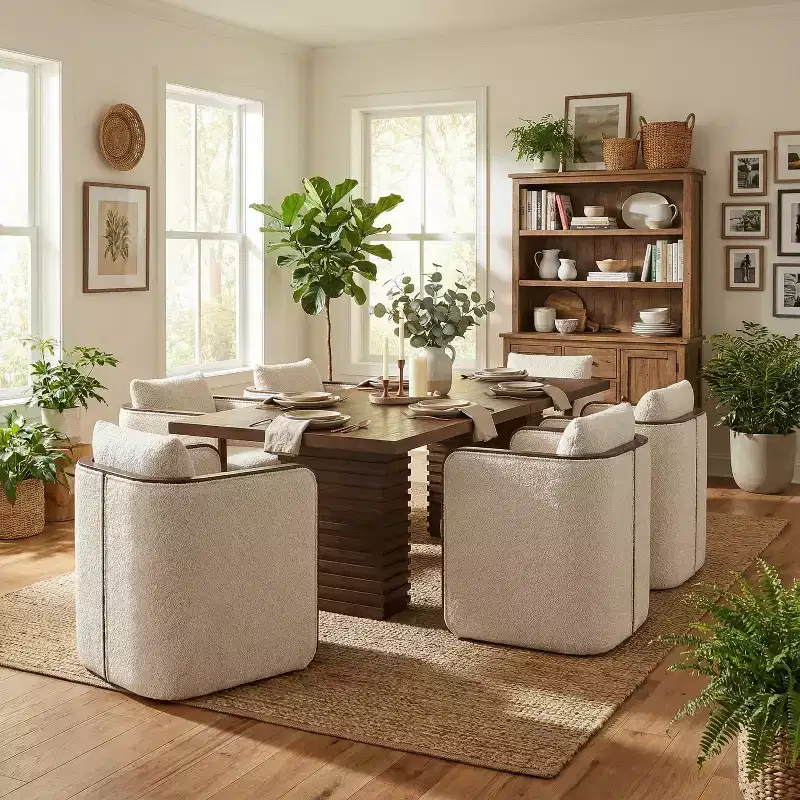 Christopher Knight Home Yao Modern 7 Piece Dining Set with Rectangular Table and 6 Rubberwood Upholstered Chairs