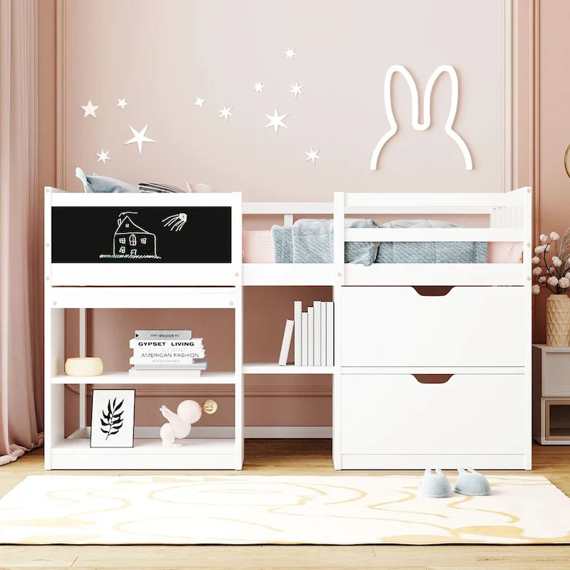 Twin Size Low Loft Bed with Rolling Desk and Drawers