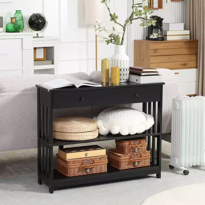 Console Hallway Table with Pull Out Drawer and 2 Open Shelves Slatted Wood Frame