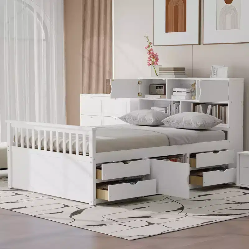 Full Size Captain Platform Bed Frame with Storage Bookcases and Shelves,Four Drawers,White Full Size Captain Platform Bed Frame White