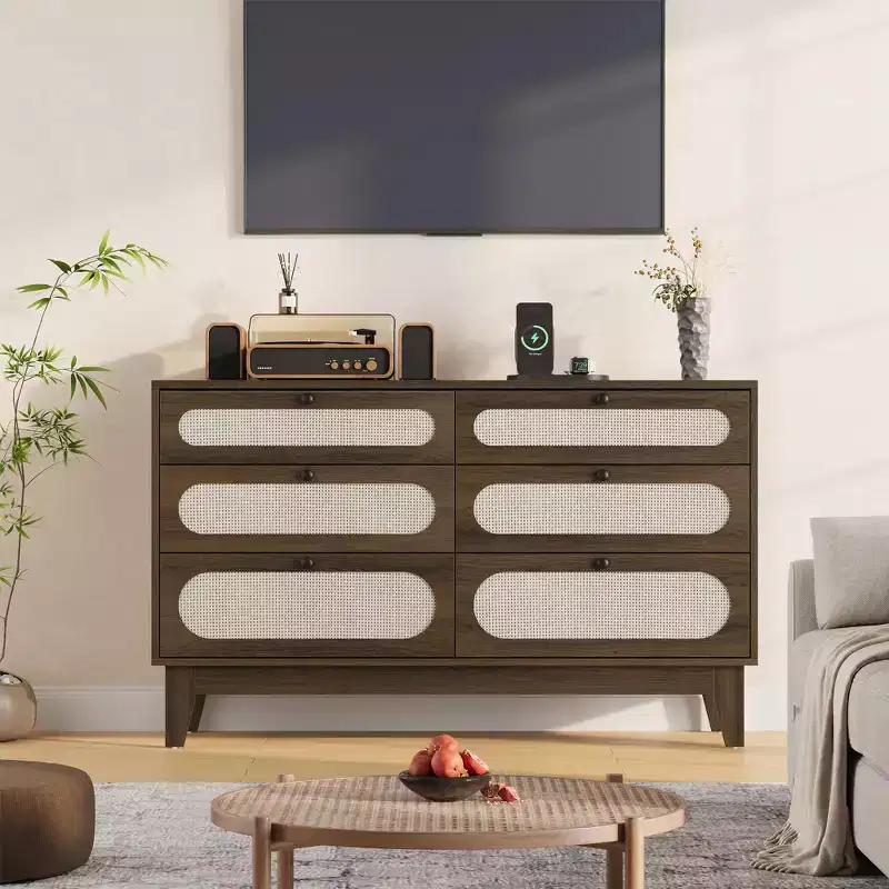 52.1 Rattan Bedroom Dresser, 6 Drawer Wood Dresser - Frame Feet, Charging Station, Large