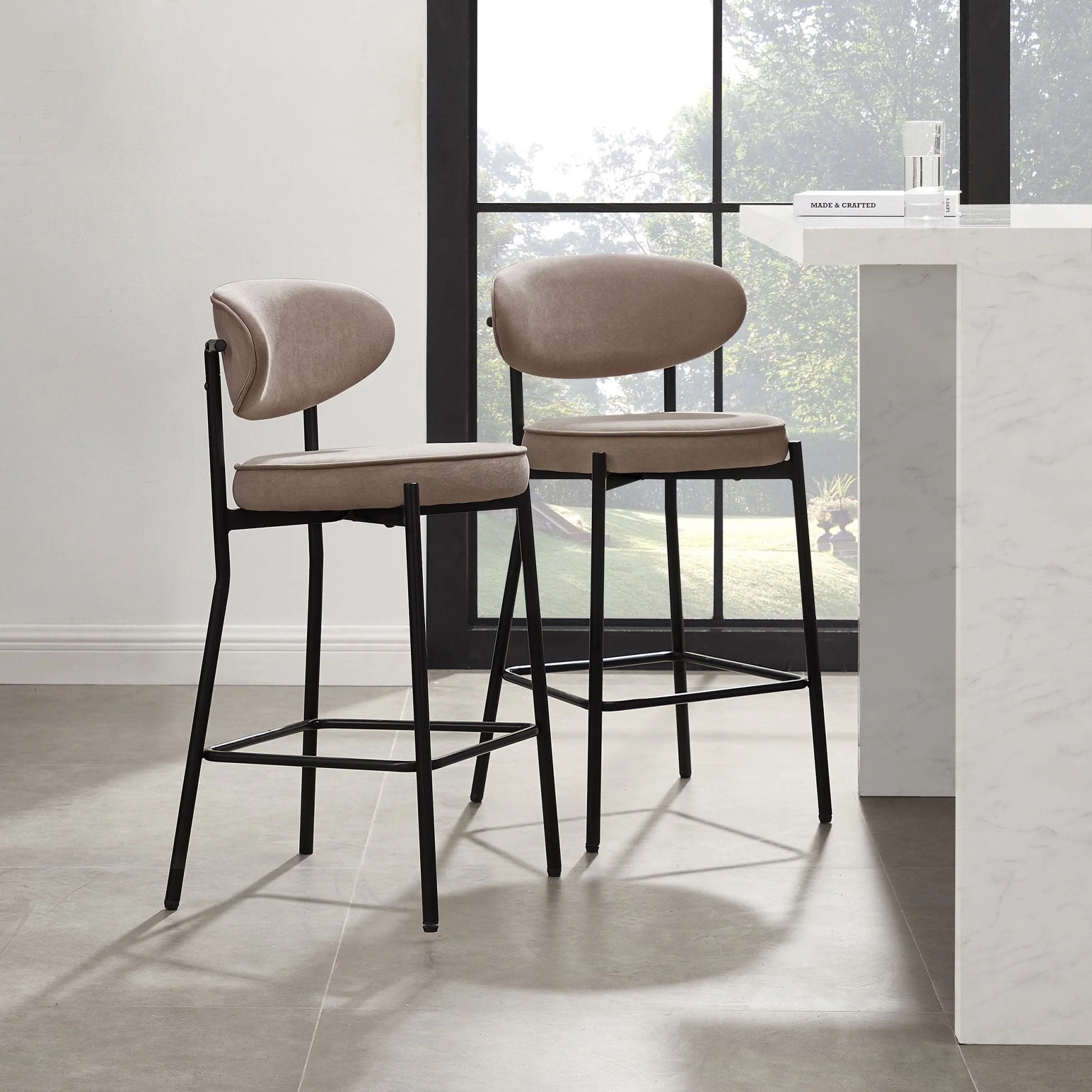 Contemporary Sand Matte Velvet Barstool with Rounded Back for Kitchen