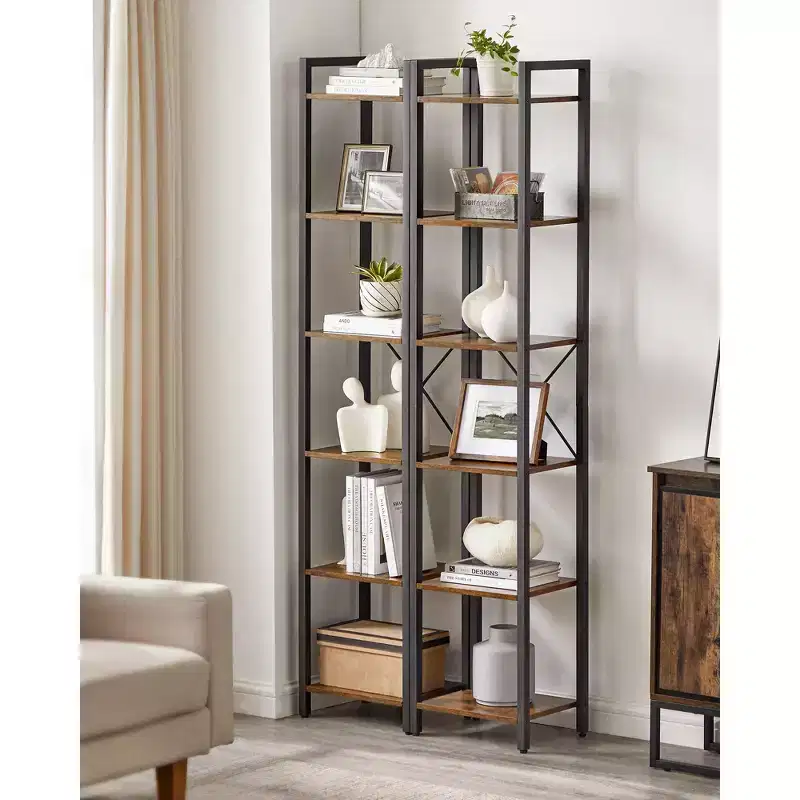 Tall 6-Tier Narrow Bookshelf with Steel Frame - Industrial Style, 11.8