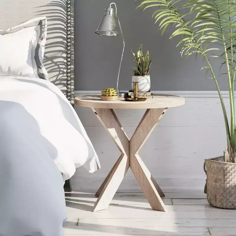 Round Wooden End Table with Cross Legs, Vintage Grey Finish