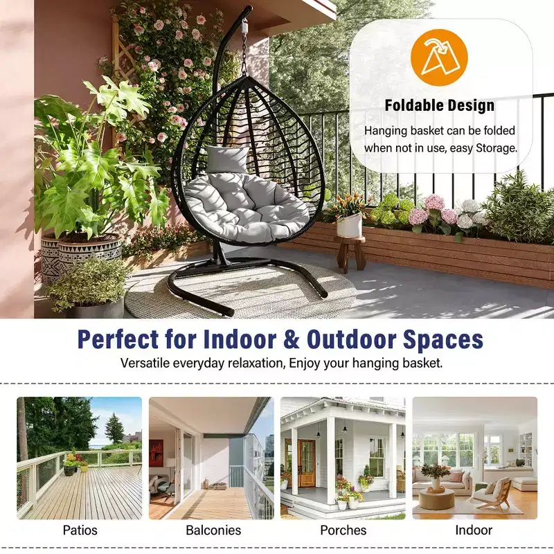 Whisen Hanging Hammock Chair with Stand, Egg Swing Chair with Iron Frame and Cushion & Headrest