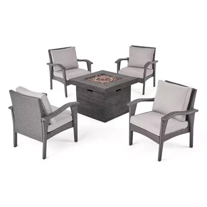 Keana 5pc Faux Rattan Club Chair & Fire Pit Chat Set - Gray/Light Gray - Christopher Knight Home