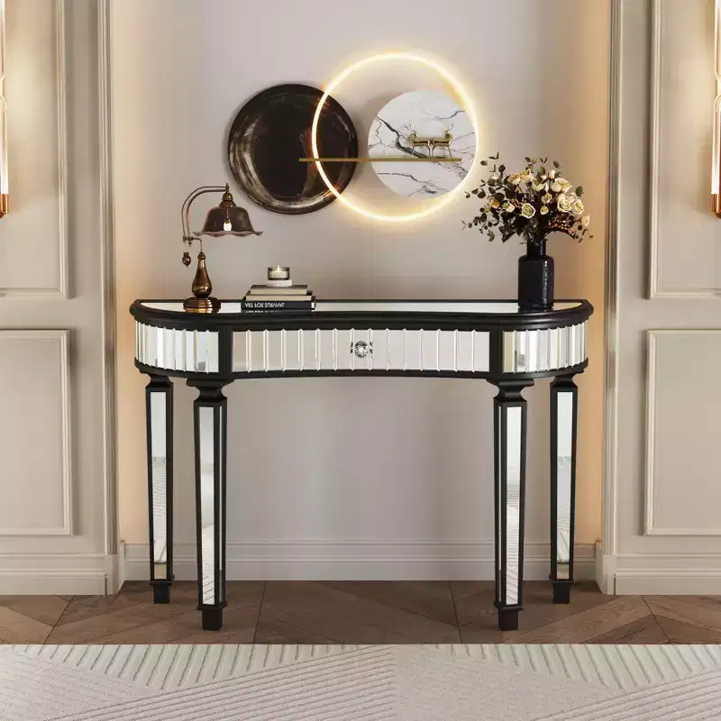 47 Mirrored Console Table with 2 Drawers, Fluted Glass Half Moon Entryway Table with Crystal Knob