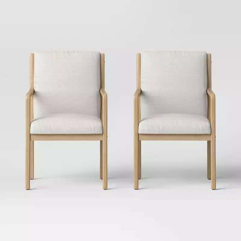 Wood Arm Dining Chair, Cream Upholstery with Natural Wood Frame, Set of 2