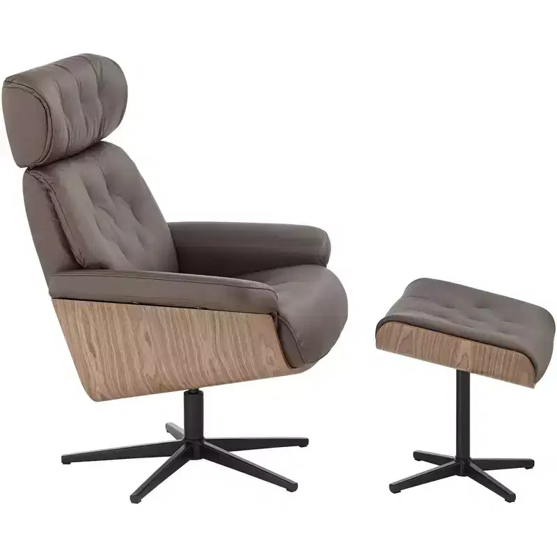 BenchMaster Melia Chocolate Tufted Faux Leather Swivel Recliner and Slanted Ottoman