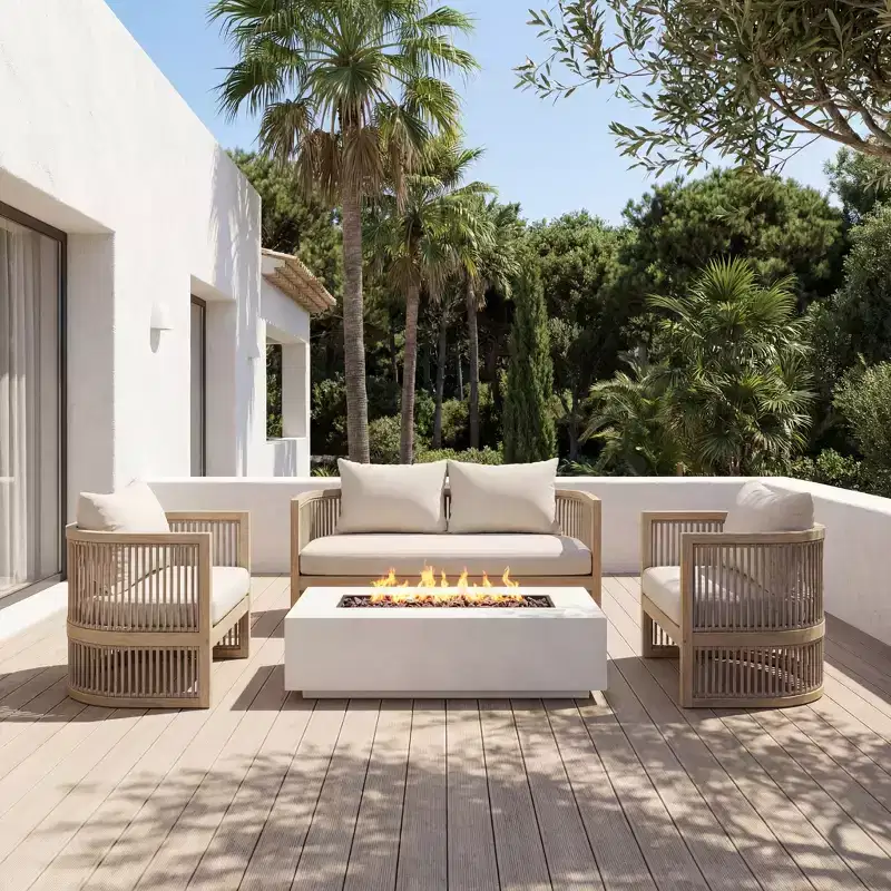 Christopher Knight Home Carolina 4 Piece Boho Outdoor Acacia Wood Rope Seating Set with Lightweight Concrete Firepit Table