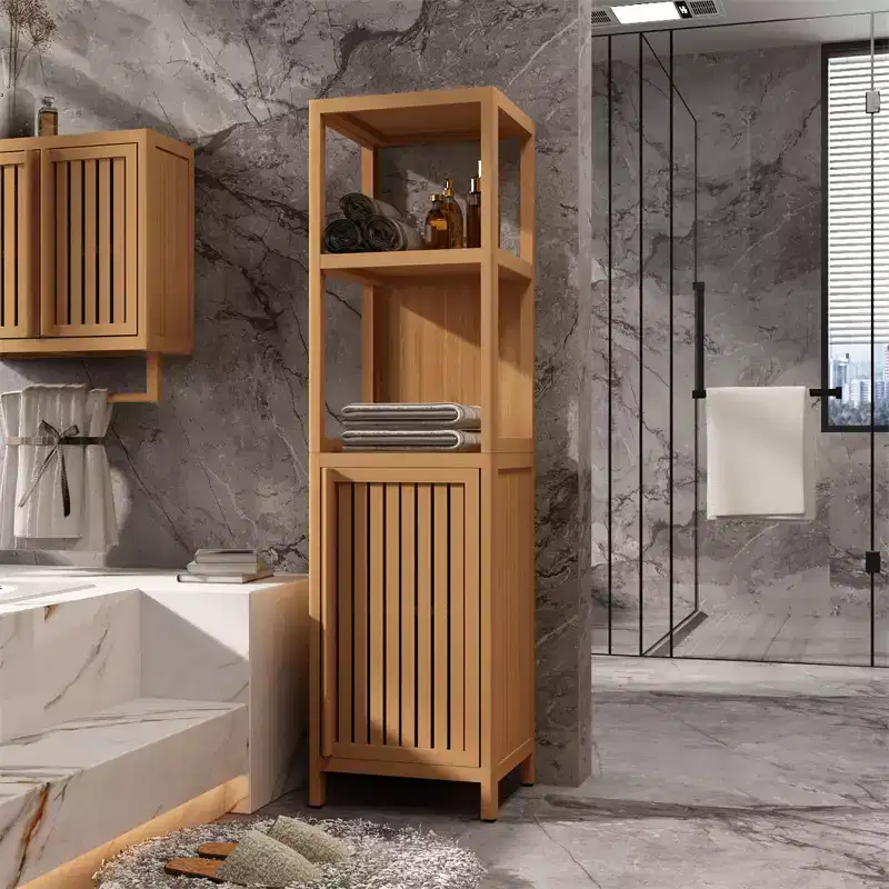 Tall Slim Storage Cabinet, Bamboo Bathroom Cabinet With Shutter Door And 3 Tier Shelves, Tower Corner Rack For Bathroom, Living Room, Kitchen Neutral