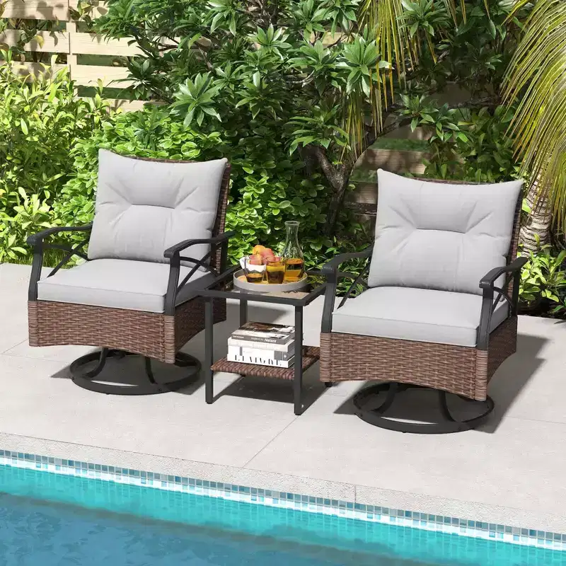 Costway 3 PCS Patio Swivel Rocker Set with 2-Tier Coffee Table & Cozy Seat Back Cushions
