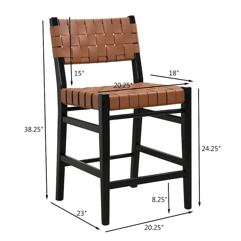 Roomfitters PU Leather Counter Stools, Set of 2 Bar Height Chairs with Woven Back and Rubberwood Frame, Black Brown