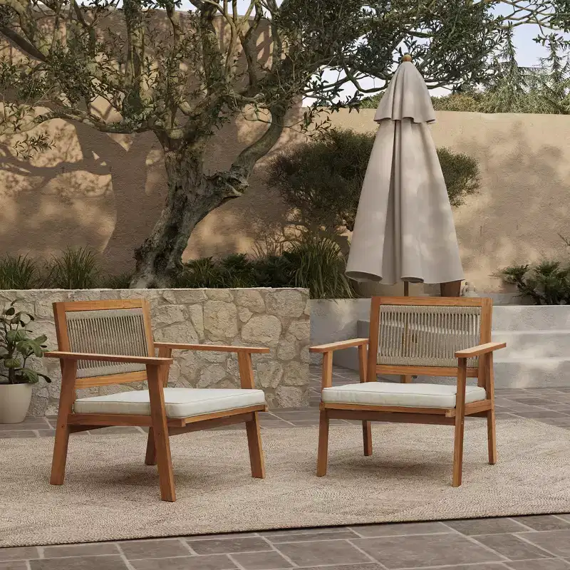 LuxenHome Outdoor Acacia Wood Rope Back Armchairs with Cushions, Set of 2