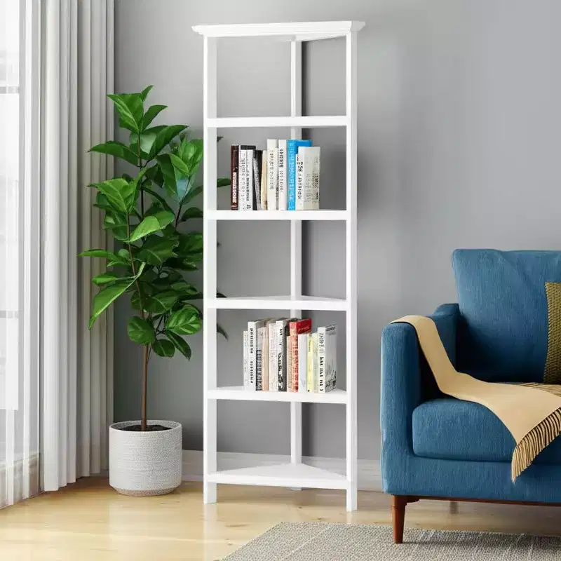 White Solid Wood Corner Bookcase with Open Shelves, Space-Saving Display Shelf for Living Room & Office