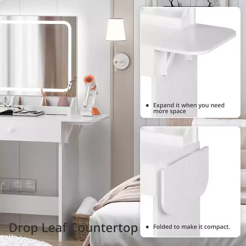Vanity Desk with Drawers, Stylish Dressing Table Bedroom Makeup Table Set, with Chair, Mirror and Lights, for Bedroom, White