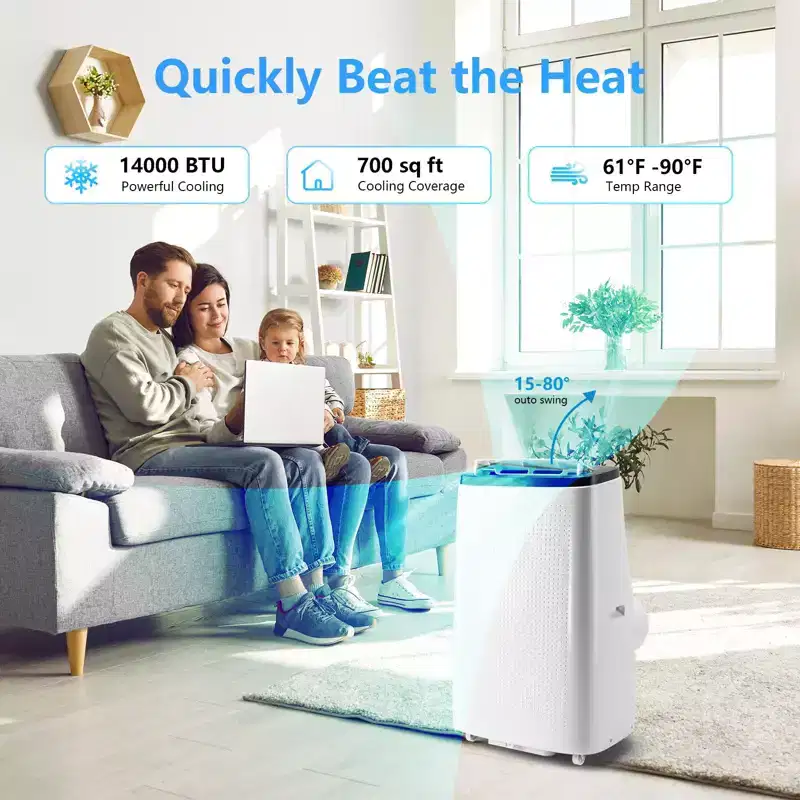 14,000 BTU Portable air conditioners, 750 Sq Ft Coverage, 4-in-1 Function,Dual Motor with Dehumidifier & Remote, Ideal for Large Rooms & Campers