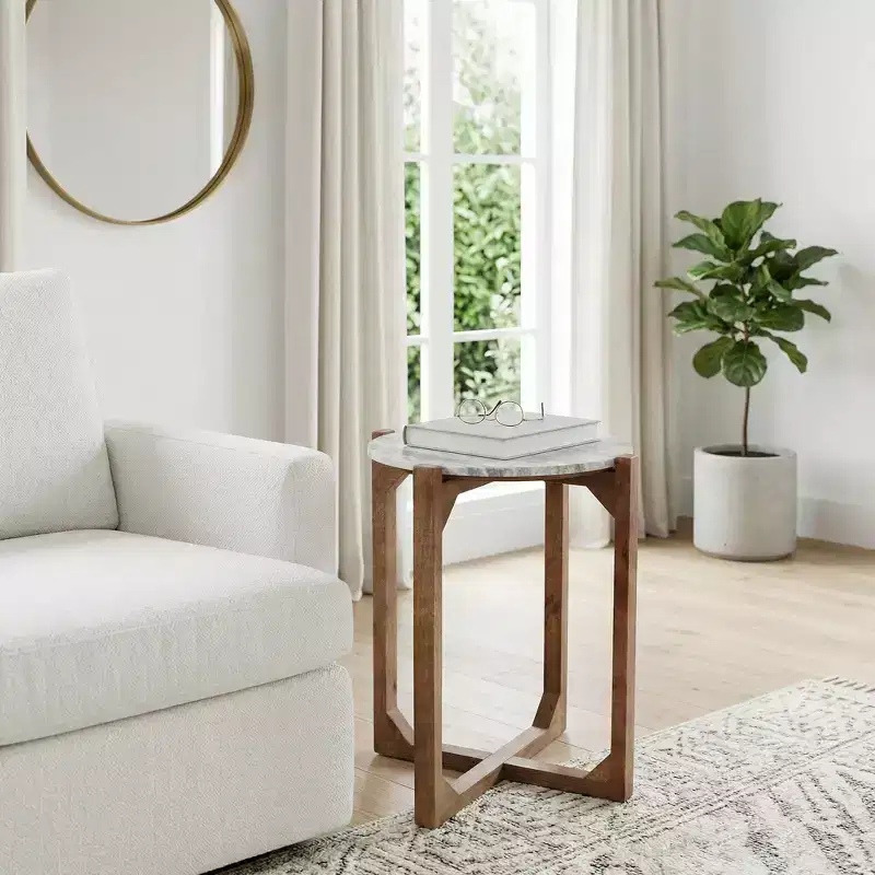 Round End Table with Marble Top & Metal Base, 22