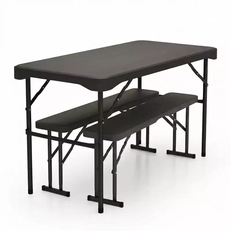 Gymax Folding Patio Picnic Table Set w/ 2 Benches & Metal Frame HDPE Surface for Camping & Backyard
