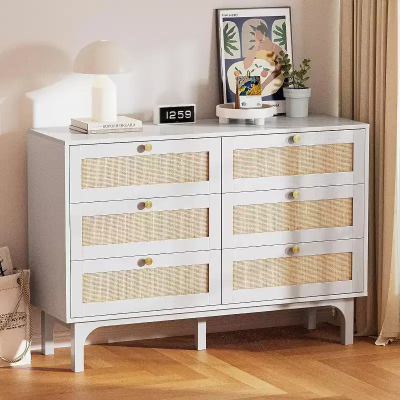 Rattan Dresser and Nightstands Sets 3 Piece, White Nightstands with Charging Station Set of 2, 6 Drawer Double Dresser
