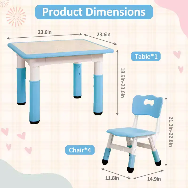 COZONY Adjustable Kids Table with 4 Chairs, 23 Toddler Activity Table Set for Ages 2-10, Preschool Playroom Desk with Non-Slip Legs & Graffiti Top