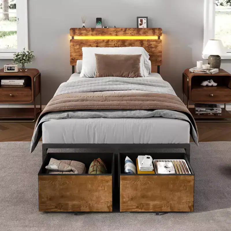 Twin Size Bed Frame with Charging Station LED Lights 2 Storage Drawers Vintage Brown Metal Platform Bed Wood Headboard Shelf No Box Spring Needed