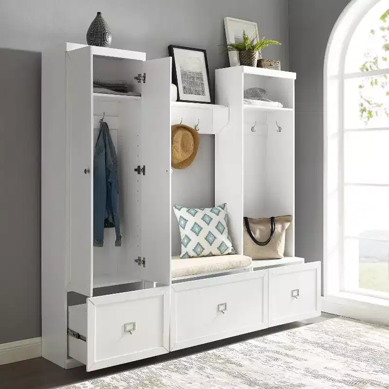 4pc Harper Entryway Set with Bench, Shelf, Hall Tree and Pantry Closet Set White - Crosley