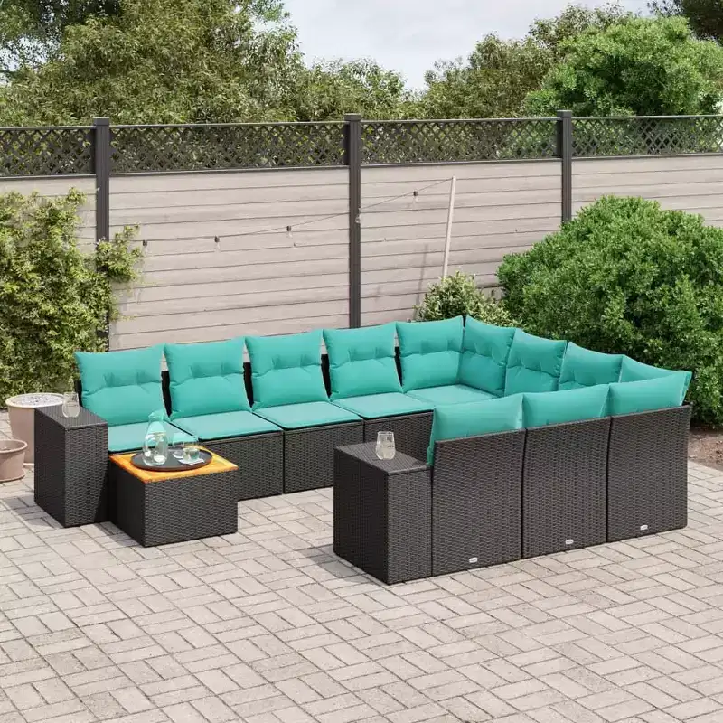 vidaXL 11 Piece Patio Sofa Set with Cushions Black Poly Rattan