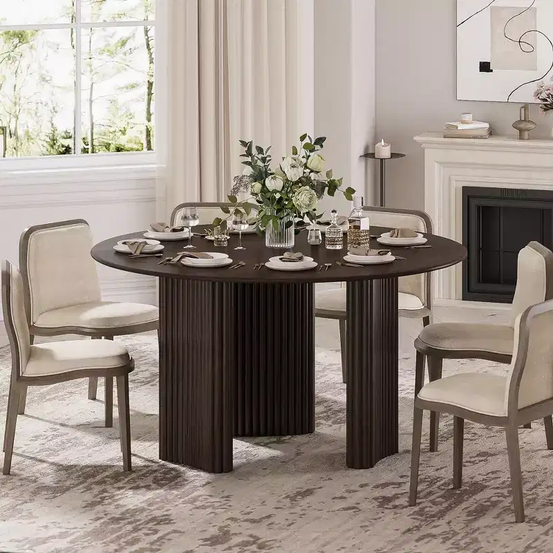 Modern Round Dining Table with Striped Column Legs, Solid Wood Kitchen Table, Anti-Scratch Footpads, Walnut