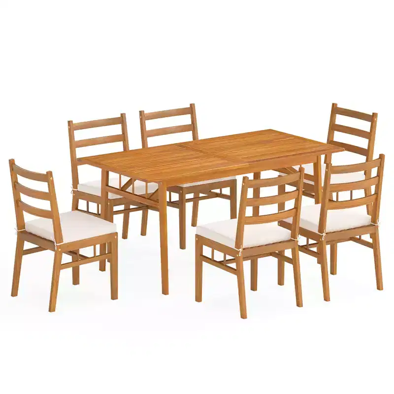 Gymax 7PCS Patio Acacia Wood Dining Set w/ 1.97 Umbrella Hole & Cushions for Backyard